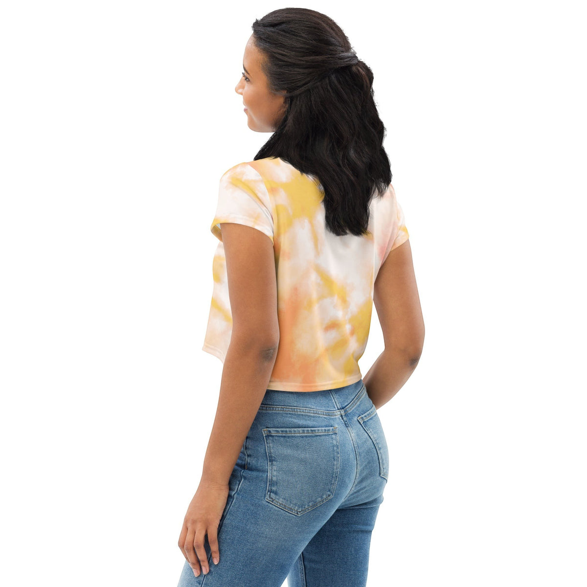 Good Wishes 365 crew neck crop top with orange and yellow tie-dye print worn by a woman from the back view
