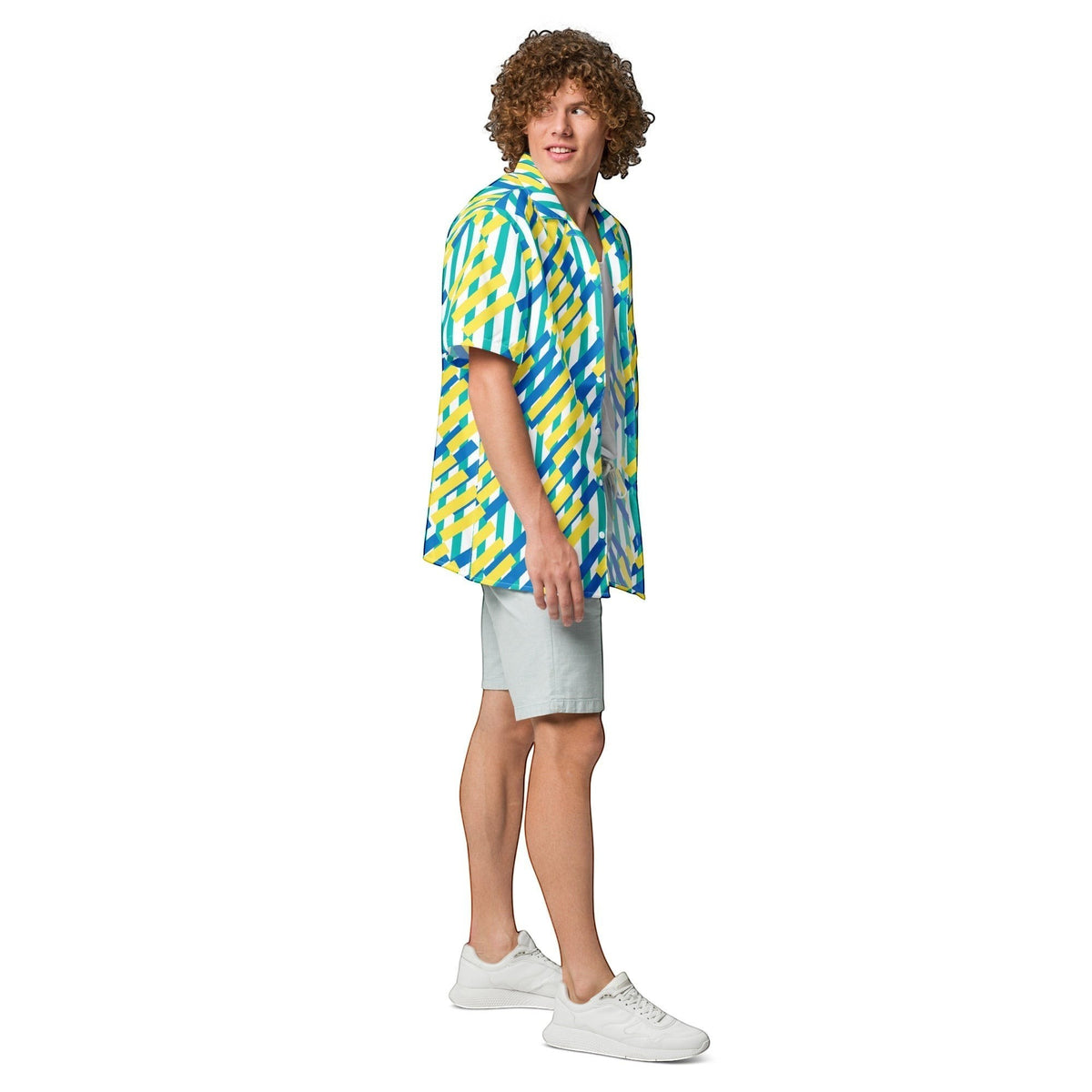 Good Wishes 365 unisex oversized short-sleeve button-up shirt with blue, yellow, and white diagonal stripe pattern. Made from recycled polyester.