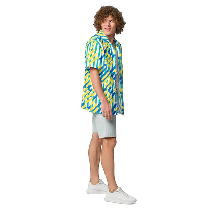 Good Wishes 365 unisex oversized short-sleeve button-up shirt with blue, yellow, and white diagonal stripe pattern. Made from recycled polyester.