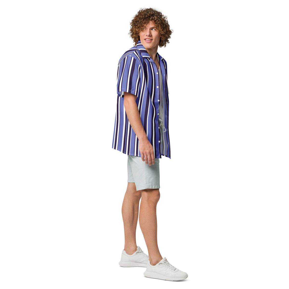 Good Wishes 365 unisex oversized button shirt with blue and white vertical stripes, worn by a curly-haired man.