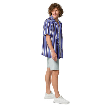 Good Wishes 365 unisex oversized button shirt with blue and white vertical stripes, worn by a curly-haired man.