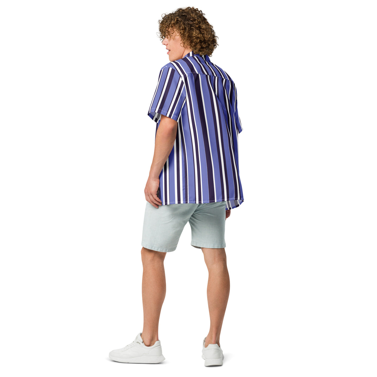 Good Wishes 365 unisex oversized button shirt in blue striped recycled polyester with breathable, moisture-wicking fabric