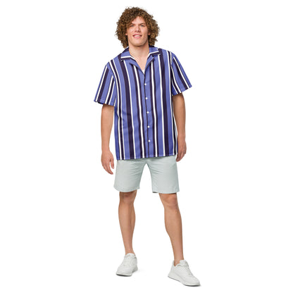 Good Wishes 365 unisex oversized button shirt in blue and white vertical stripes, featuring moisture-wicking fabric.