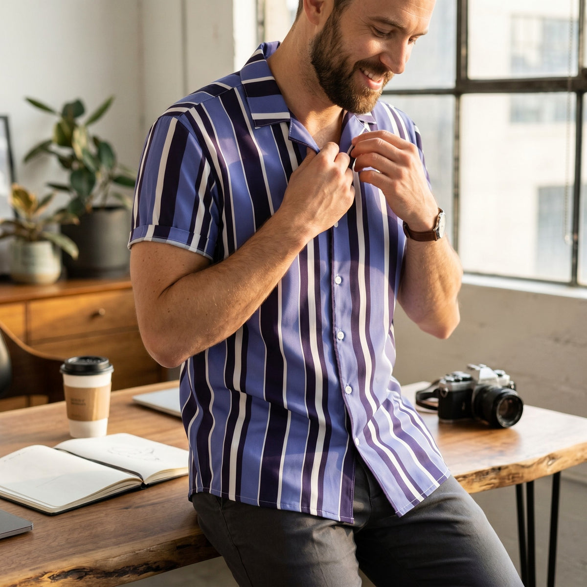Classic Striped Short Sleeve Button Shirt
