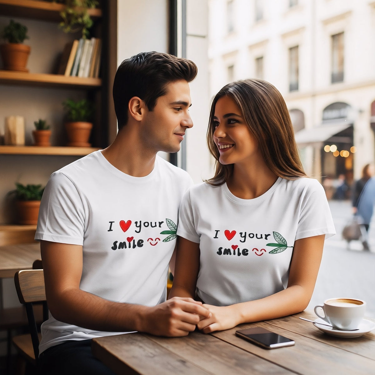 Good Wishes 365 unisex white crewneck t-shirts with I Love Your Smile graphic worn by a smiling couple in a cafe.