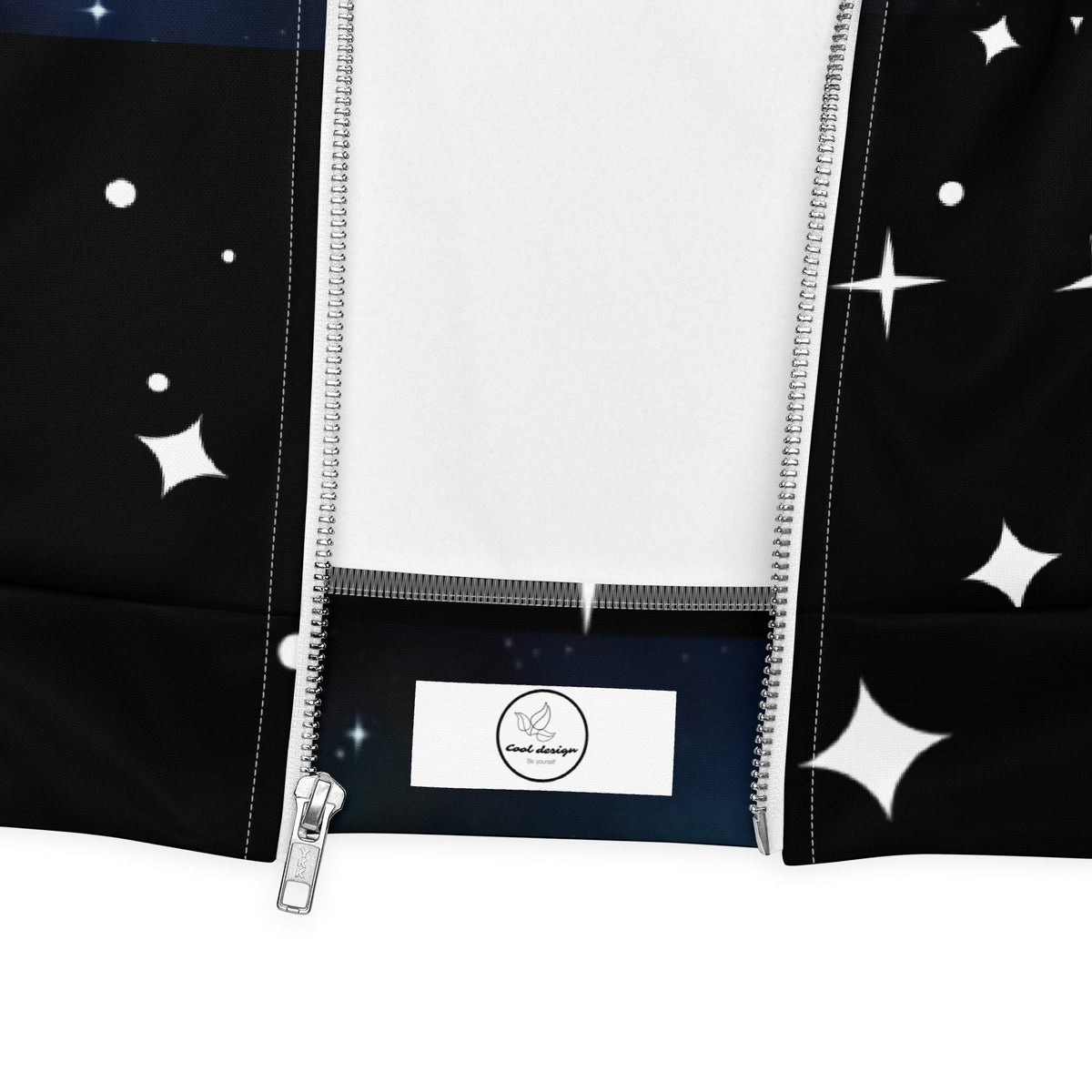 Good Wishes 365 unisex bomber jacket featuring a black universe print with white stars and a silver YKK zipper detail.