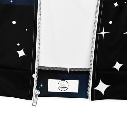 Good Wishes 365 unisex bomber jacket featuring a black universe print with white stars and a silver YKK zipper detail.