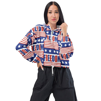 Good Wishes 365 women's cropped windbreaker with a red, white, and blue USA flag and Freedom print, featuring a hood.