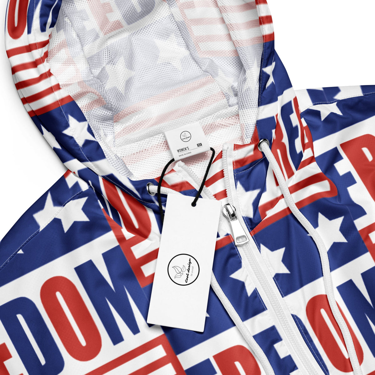 Good Wishes 365 women's cropped windbreaker with USA flag and FREEDOM print, featuring a hood and half-zip front.