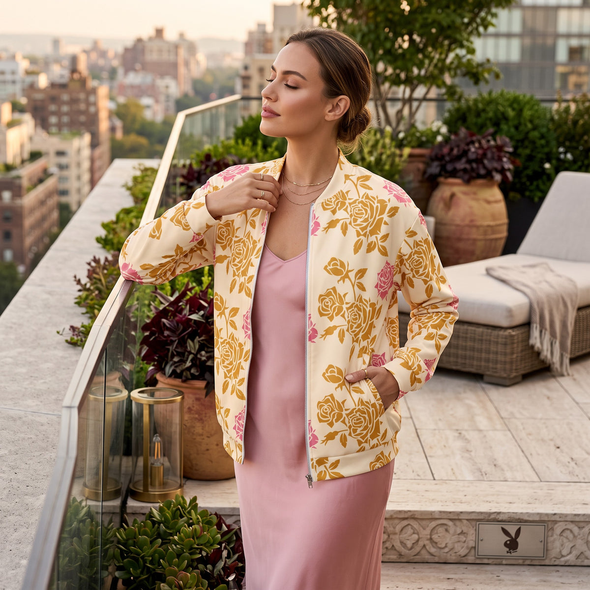 Good Wishes 365 vintage rose print bomber jacket with brushed fleece interior worn by a woman on a city balcony.