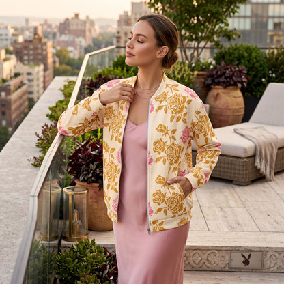 Good Wishes 365 vintage rose print bomber jacket with brushed fleece interior worn by a woman on a city balcony.