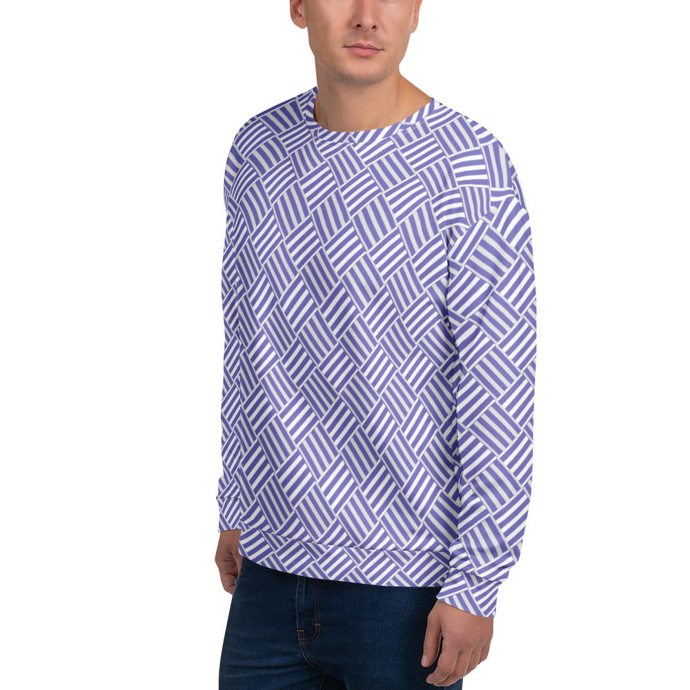 Good Wishes 365 unisex recycled sweatshirt featuring a violet and white basketweave geometric print on a male model