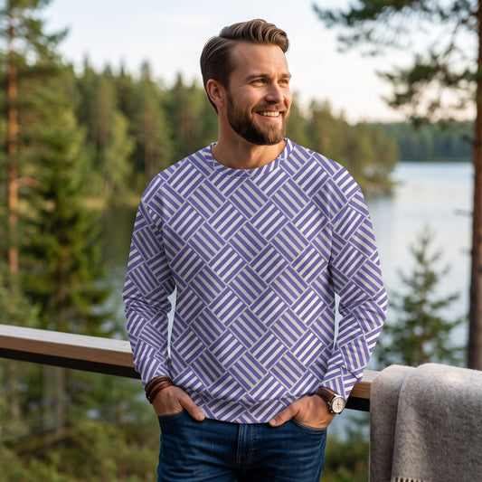 Good Wishes 365 recycled unisex sweatshirt with a violet and white basketweave print worn by a man outdoors