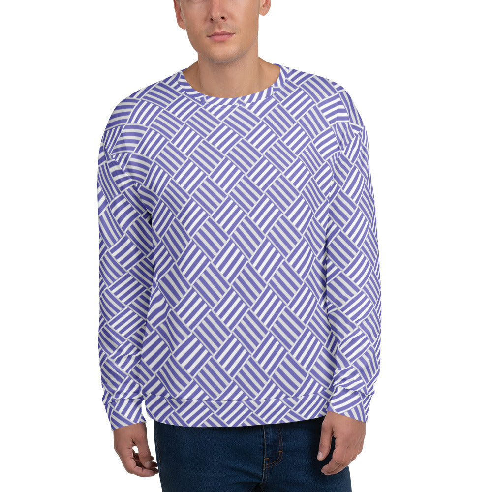 Good Wishes 365 unisex recycled sweatshirt featuring a violet and white basketweave geometric print and crew neck.