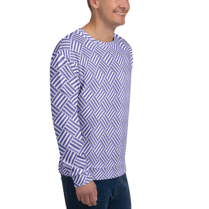 Good Wishes 365 unisex sweatshirt in violet and white basketweave print with a crew neck, worn by a man in profile.