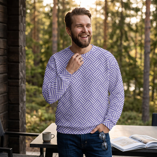 Good Wishes 365 unisex recycled sweatshirt with violet and white basketweave print worn by a smiling man outdoors