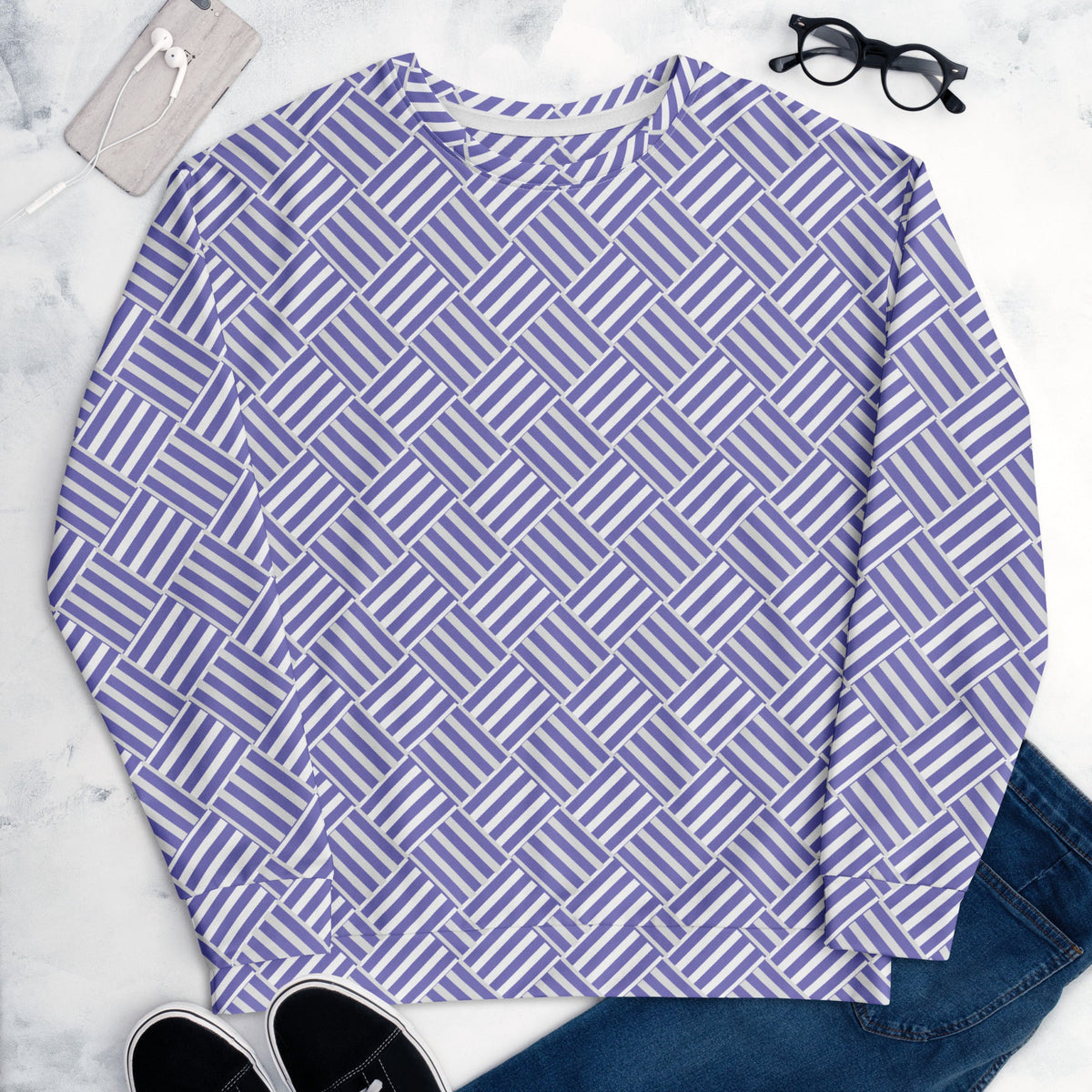 Good Wishes 365 unisex recycled sweatshirt with a violet and white basketweave geometric print and crew neck.
