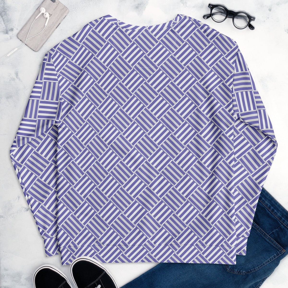 Good Wishes 365 recycled unisex sweatshirt featuring a violet and white basketweave geometric print, back view.