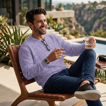 Good Wishes 365 unisex recycled sweatshirt with violet and white basketweave print worn by a man on a patio