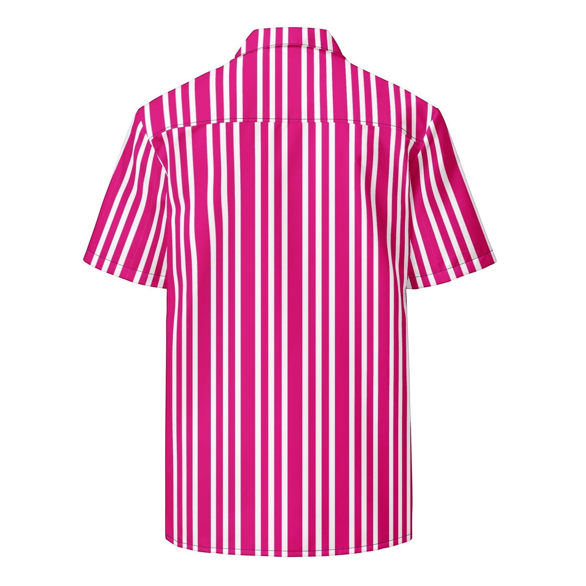 Good Wishes 365 unisex short sleeve shirt with a vibrant violet and red vertical stripe pattern and camp collar