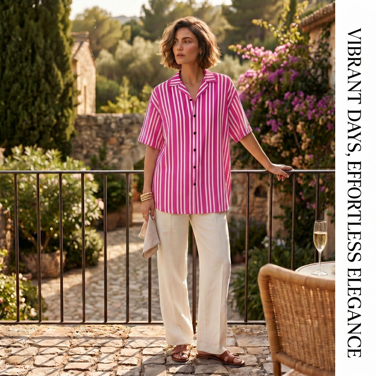 Good Wishes 365 unisex short sleeve button shirt with violet and red vertical stripes and a relaxed camp collar.
