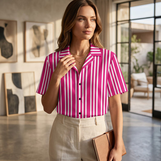 Good Wishes 365 unisex short sleeve shirt with violet and red vertical stripes and a camp collar worn by a woman.