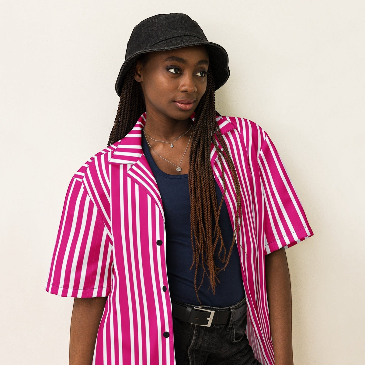 Good Wishes 365 unisex short sleeve shirt with violet and red vertical stripes and a camp collar worn by a model.