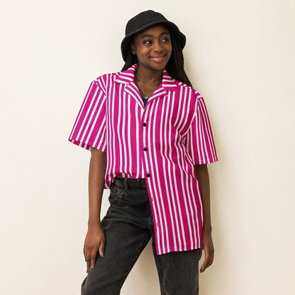 Good Wishes 365 unisex short sleeve shirt with violet and red vertical stripes, camp collar, and relaxed fit.