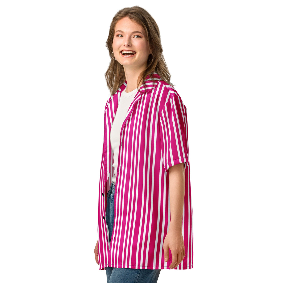 Good Wishes 365 unisex short sleeve shirt with violet and red vertical stripes and a camp collar worn by a smiling model