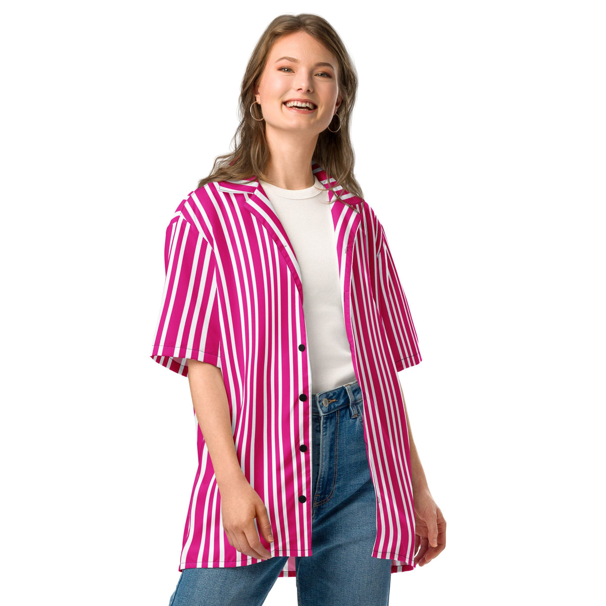 Good Wishes 365 unisex short sleeve shirt in violet and red vertical stripes with a camp collar worn by a smiling model