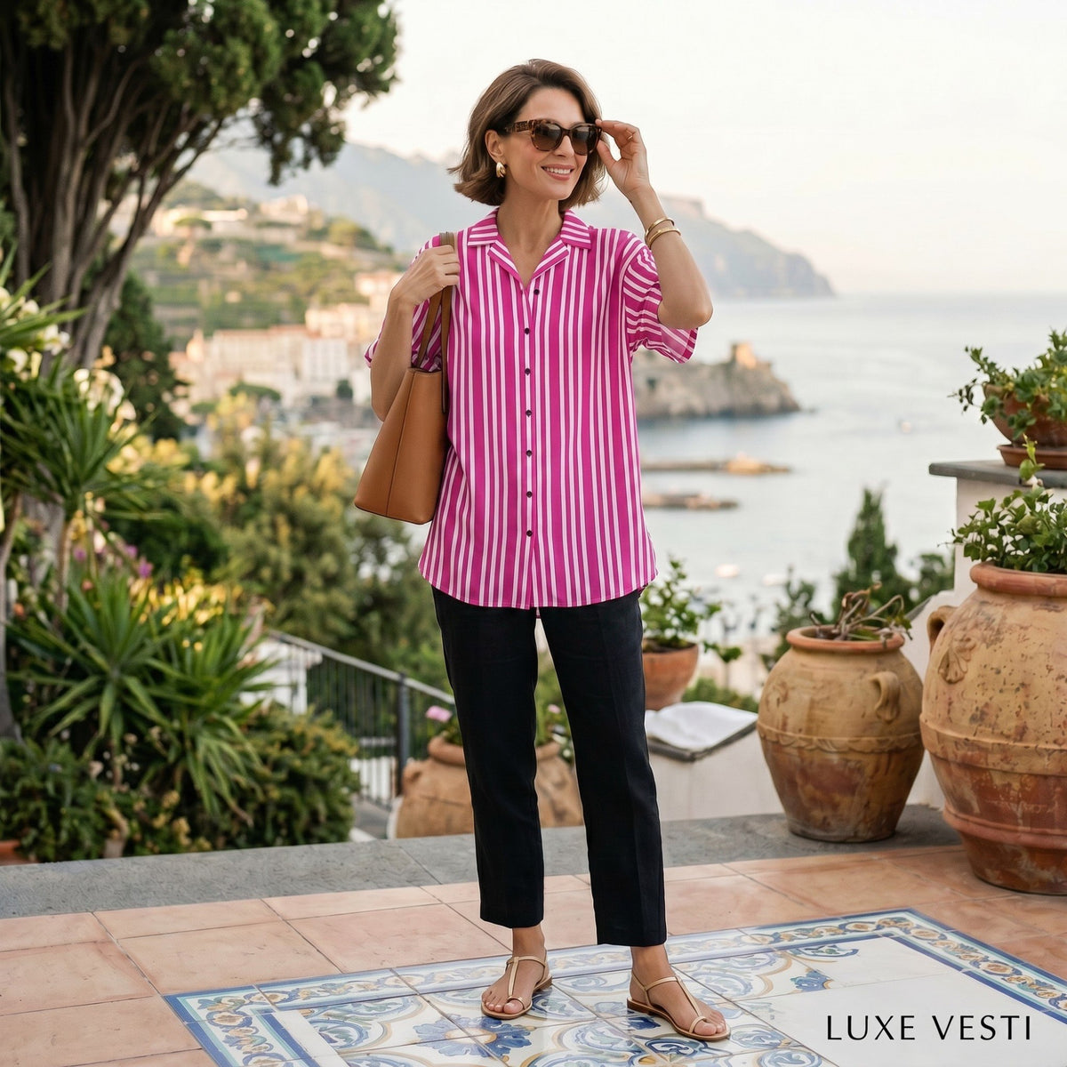 Good Wishes 365 violet and red vertical striped short sleeve button-down shirt with a camp collar on a woman outdoors.