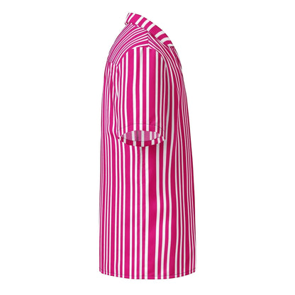 Good Wishes 365 unisex short sleeve shirt in violet and red vertical stripes with a camp collar, side view.