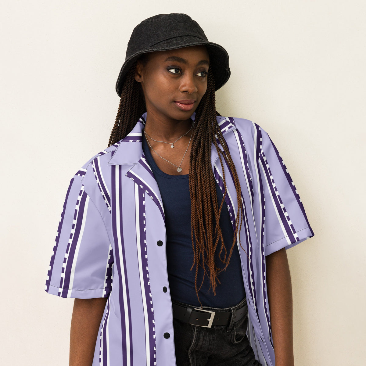 Good Wishes 365 unisex short sleeve button shirt in pastel violet with retro vertical stripes worn by a model