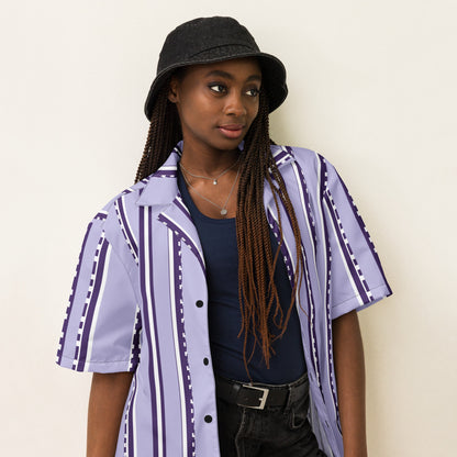 Good Wishes 365 unisex short sleeve button shirt in pastel violet with retro vertical stripes worn by a model