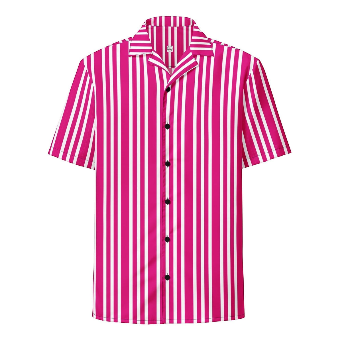 Good Wishes 365 unisex short sleeve shirt with a violet and red vertical stripe pattern and a classic camp collar.