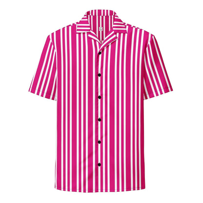Good Wishes 365 unisex short sleeve shirt with a violet and red vertical stripe pattern and a classic camp collar.