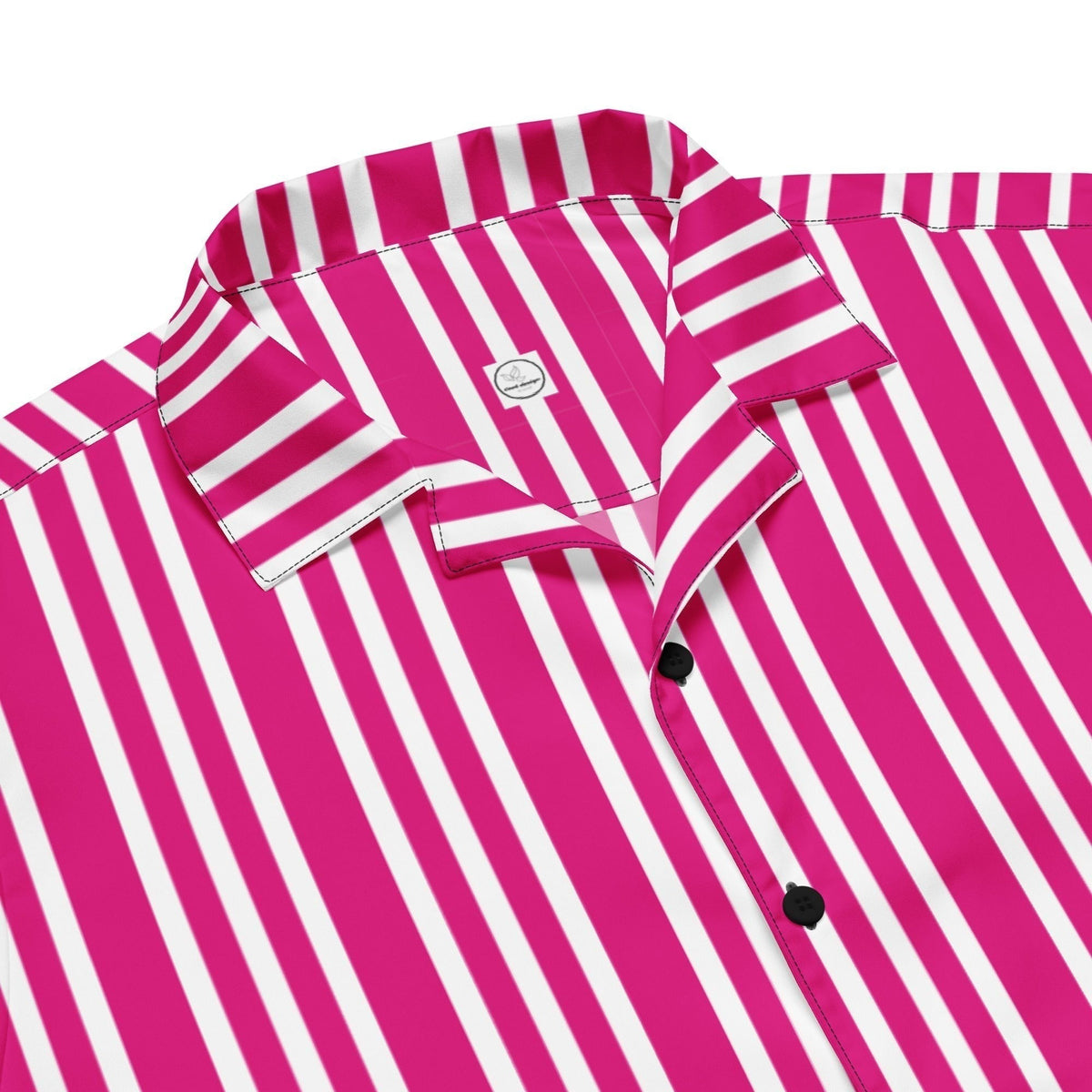 Good Wishes 365 unisex short sleeve shirt featuring a vibrant violet and white vertical stripe pattern and camp collar.