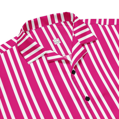 Good Wishes 365 unisex short sleeve shirt featuring a vibrant violet and white vertical stripe pattern and camp collar.