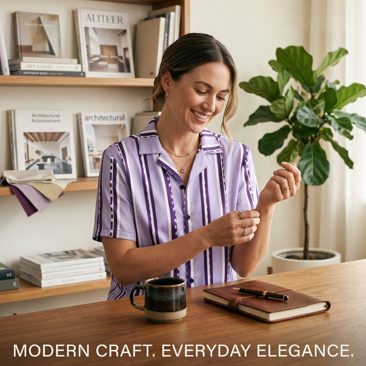 Good Wishes 365 retro pastel violet striped short sleeve button shirt worn by a smiling woman at a wooden desk