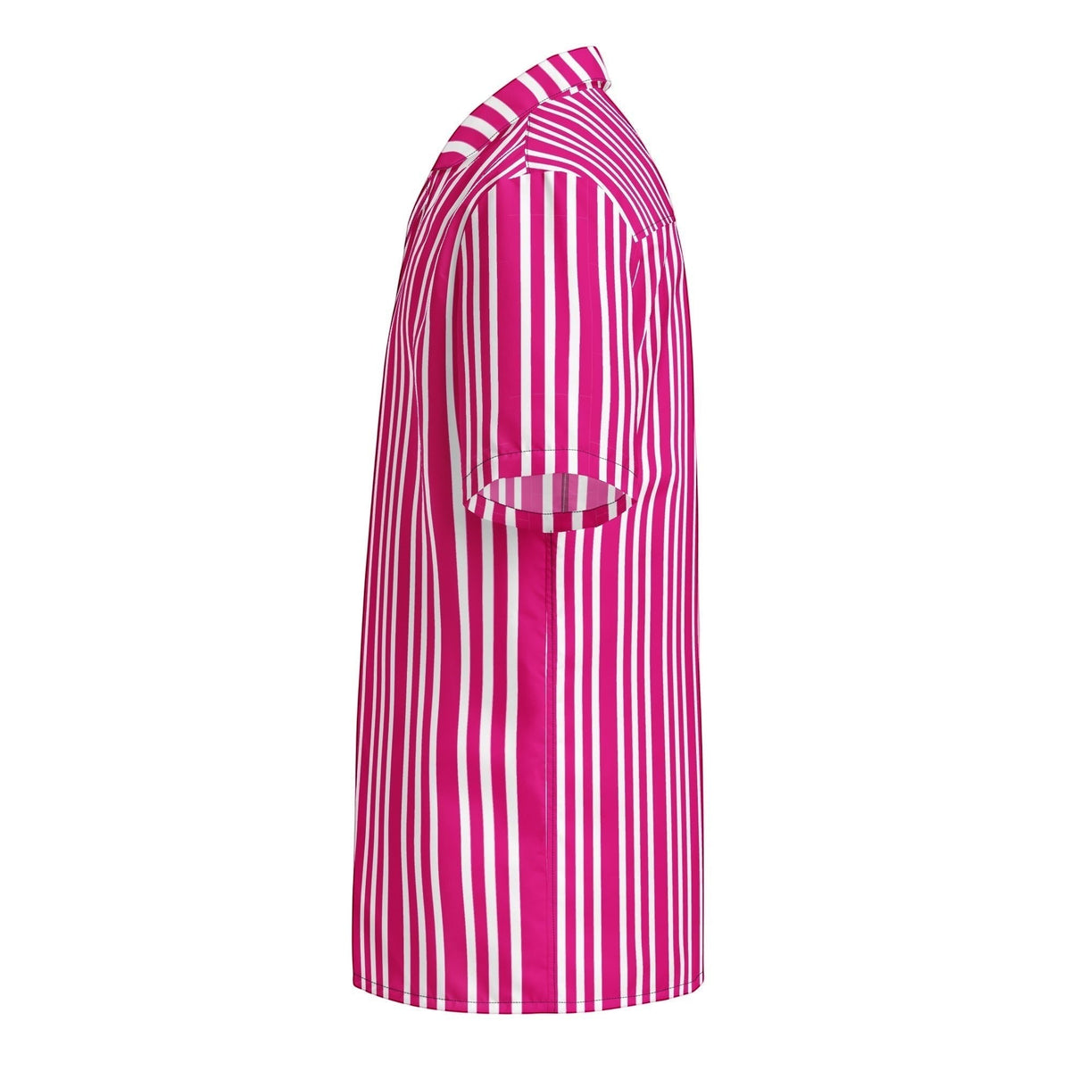 Good Wishes 365 unisex short sleeve button shirt in violet and white vertical stripes with a camp collar, side view.