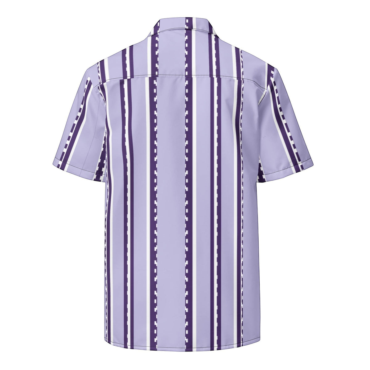 Good Wishes 365 retro pastel violet short sleeve button shirt with vertical geometric stripes, back view.