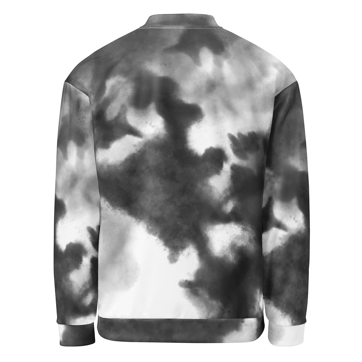 Good Wishes 365 unisex bomber jacket featuring a black and white watercolor print with ribbed collar and cuffs