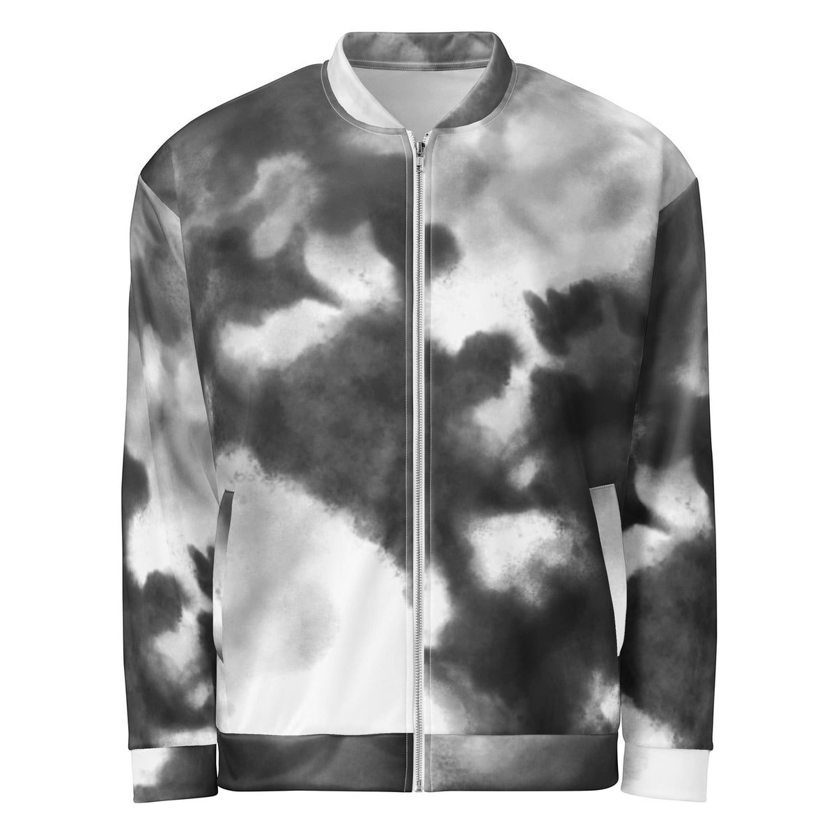 Good Wishes 365 unisex bomber jacket featuring an artistic black and white watercolor print with a front zipper.