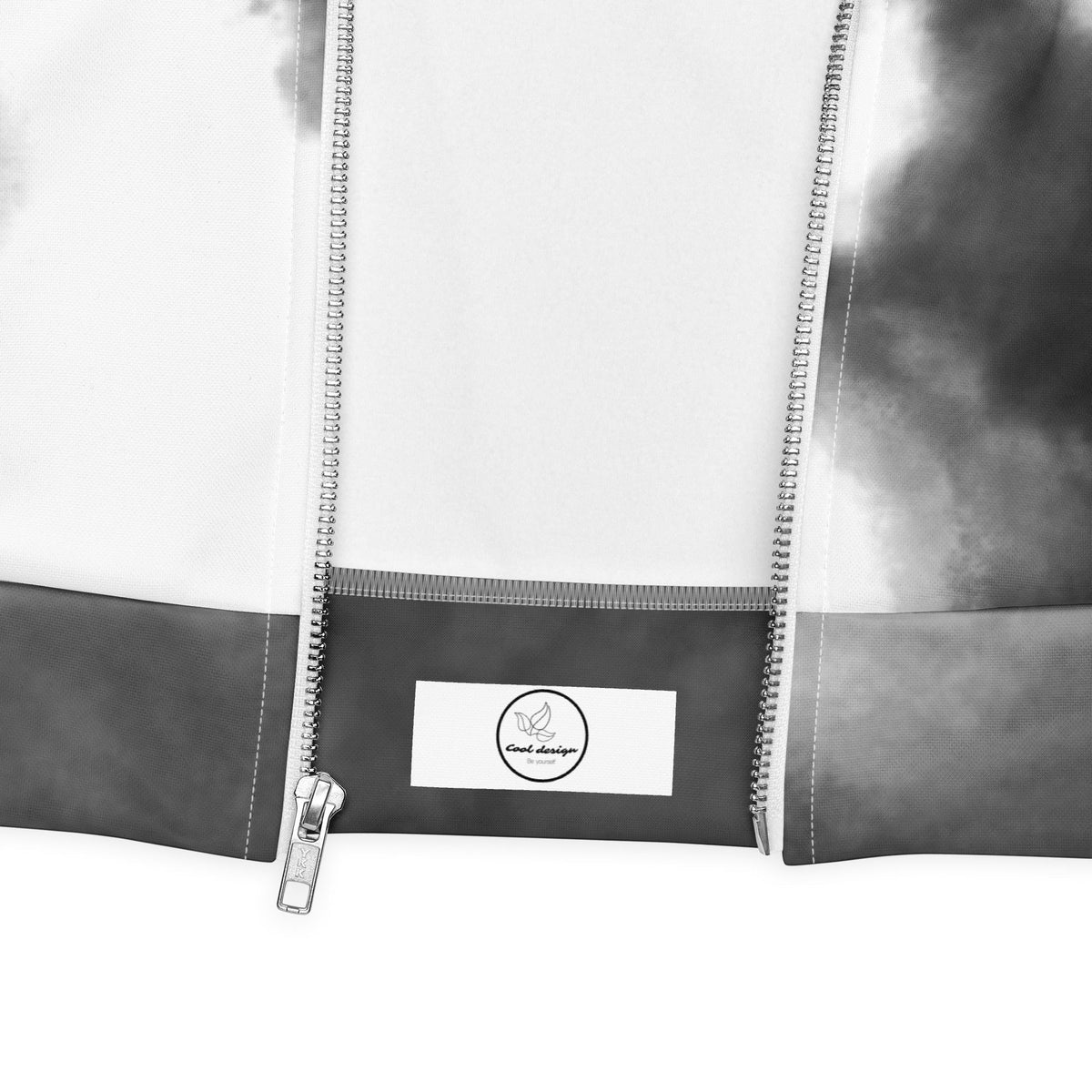 Good Wishes 365 unisex bomber jacket featuring a black and white watercolor print with a silver front zipper detail.