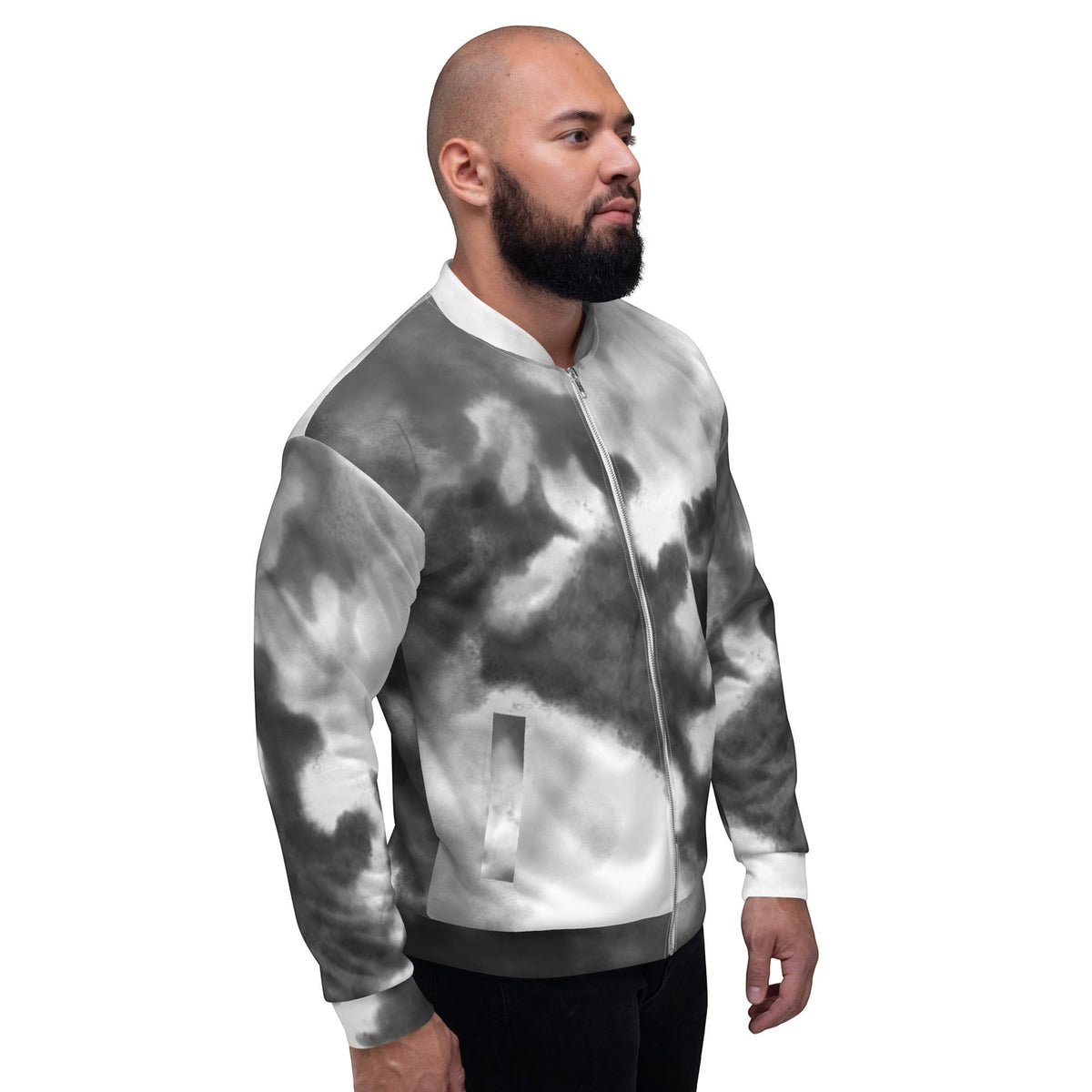 Good Wishes 365 unisex bomber jacket featuring a black and white watercolor print with ribbed collar and cuffs