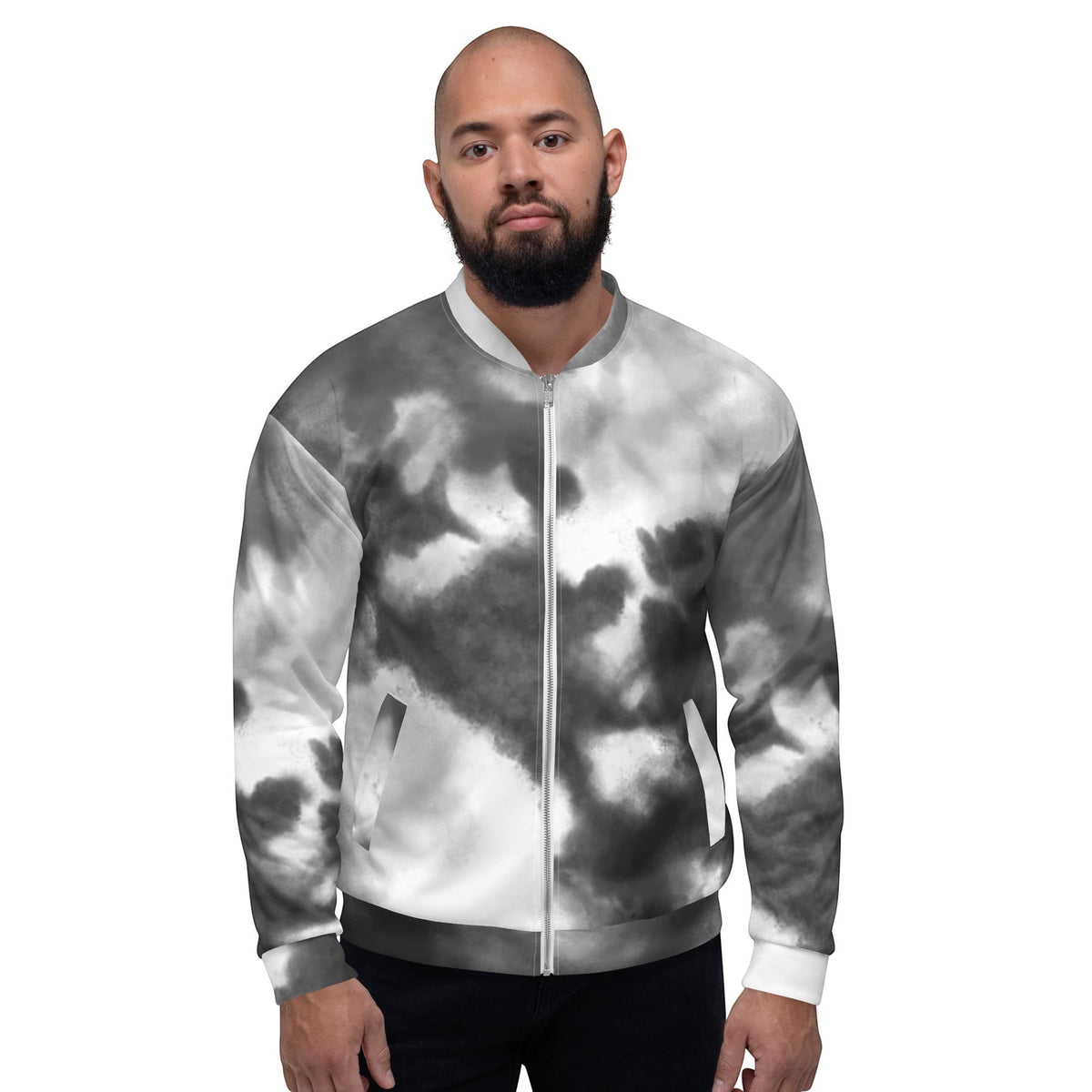 Good Wishes 365 unisex bomber jacket featuring a black and white watercolor print with a front zipper and ribbed trim.