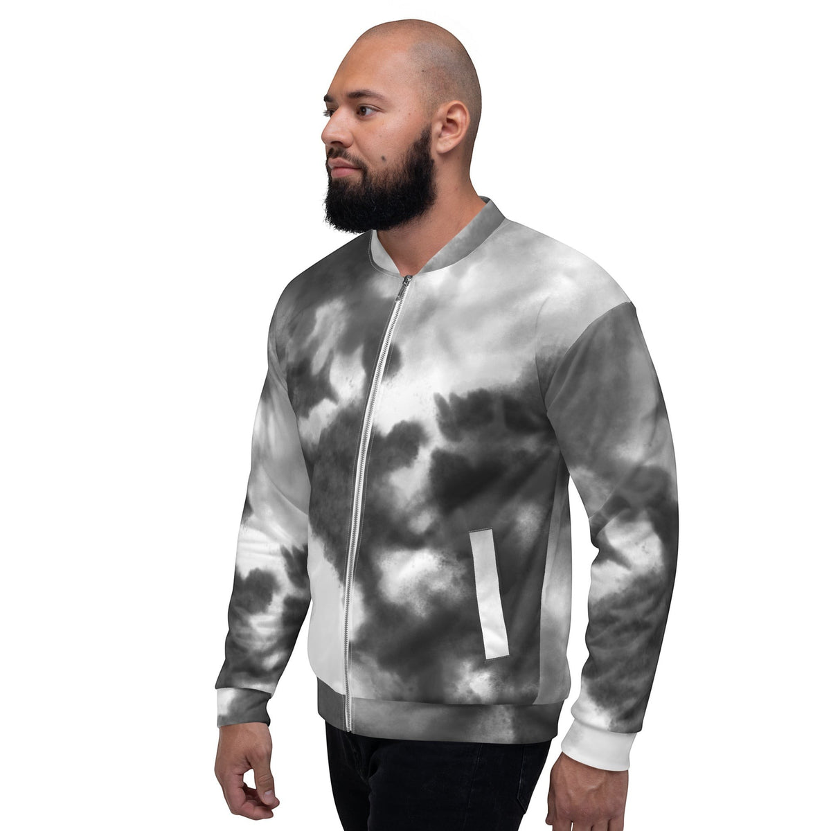 Good Wishes 365 unisex bomber jacket featuring a black and white watercolor print with a ribbed collar and zipper.