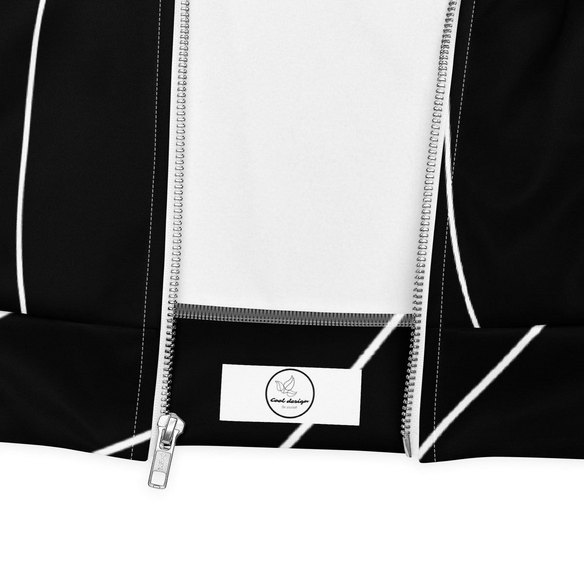 Close-up of Good Wishes 365 black and white bomber jacket with a modern wave line print and silver zipper detail