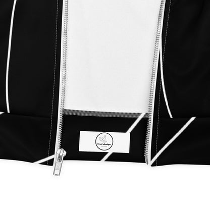 Close-up of Good Wishes 365 black and white bomber jacket with a modern wave line print and silver zipper detail