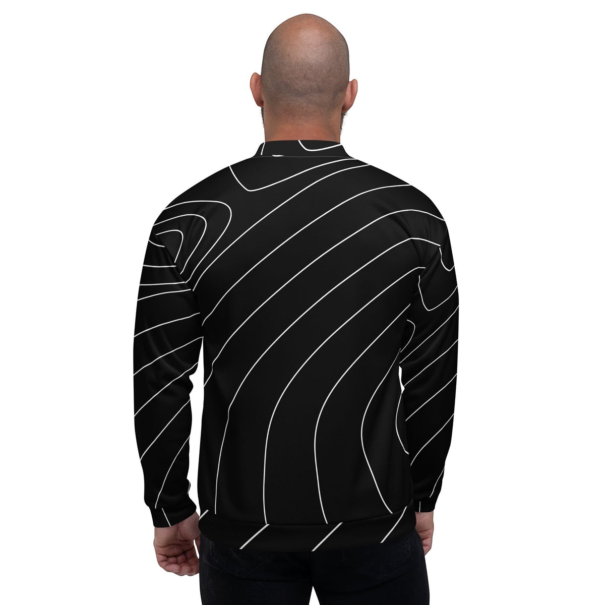 Good Wishes 365 unisex bomber jacket in black with a white modern wave line print, viewed from the back.